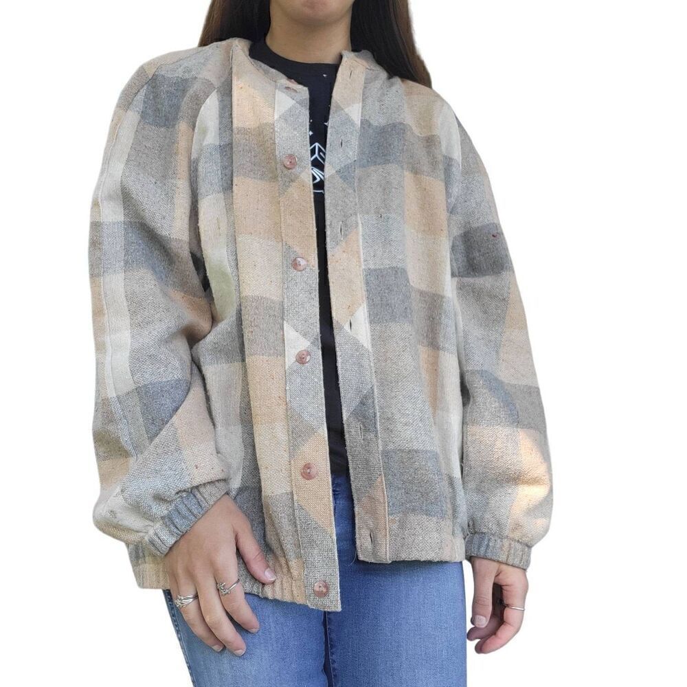 Vintage 1980s Tan Jay Shacket Women's Large Neutral Check Wool Blend Pockets